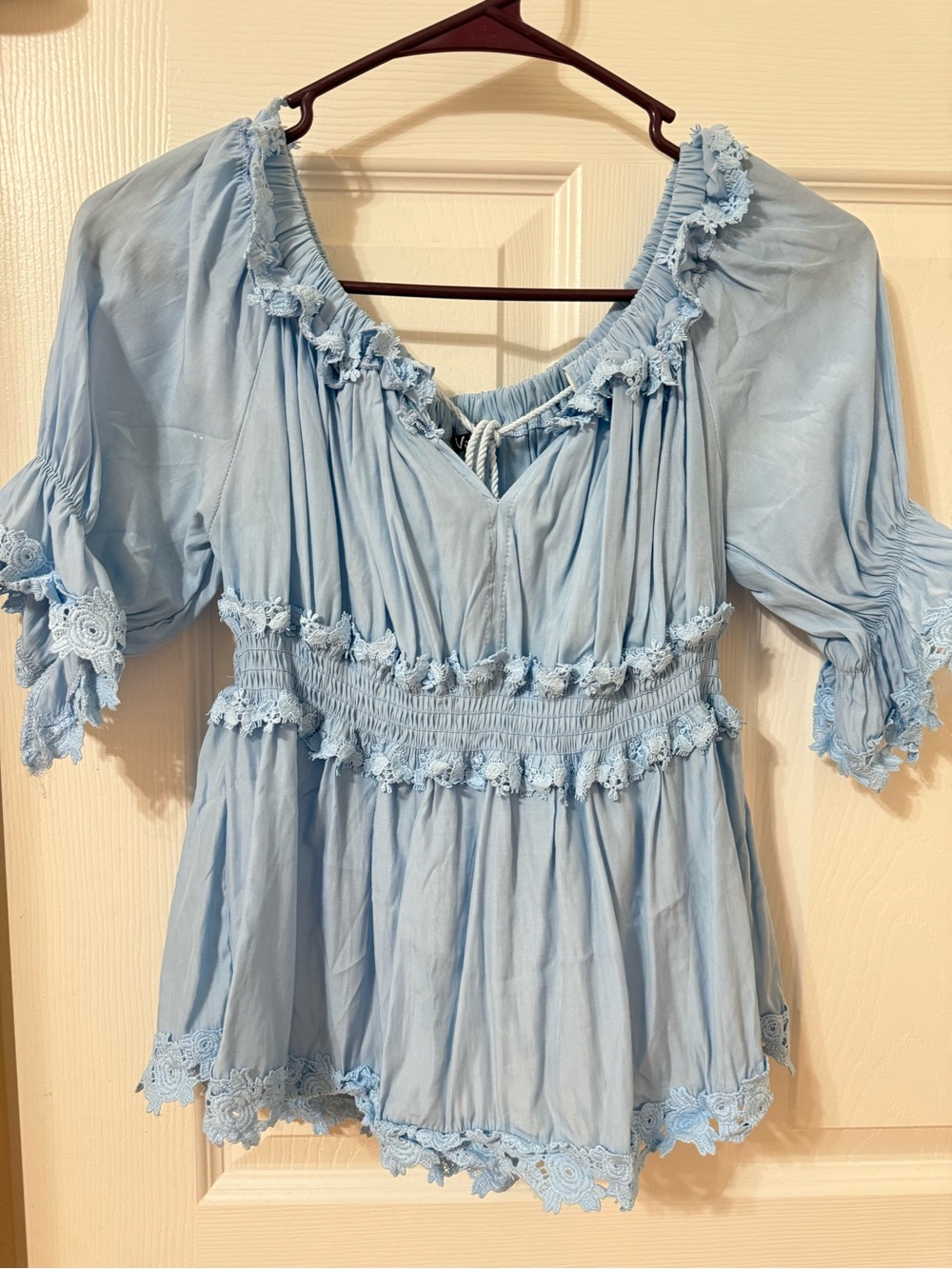 Viviana Pale Blue Peasant Tunic with Lace Accents